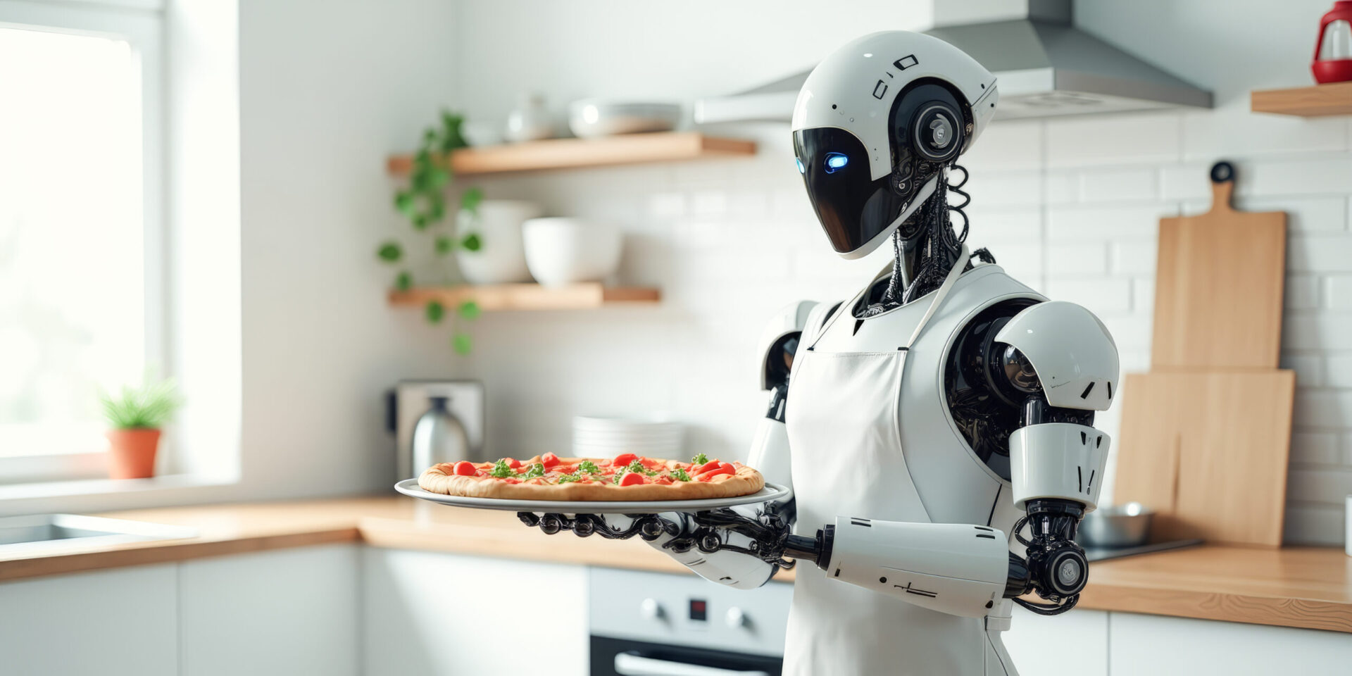 Futuristic robot chef serving a pizza in a modern kitchen setting.